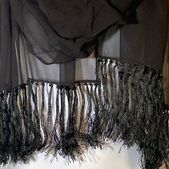 Elegant Black Sheer Wrap with Fringe Tassels & Beads - Picture 4 of 5